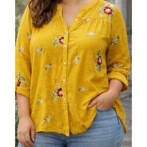 Fig & Flower Anthropologie Gauze Blouse Boho Embroidered Mustard 3X Plus